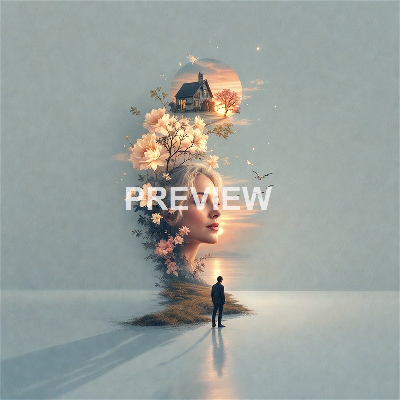 A surreal digital collage featuring a woman's profile with flowers and birds emerging from her head, a small house and sunset scene inside a circular frame above her head, and a man standing on a reflective surface gazing at the scene.